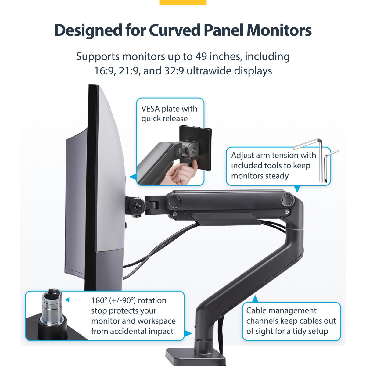 Monitor Desk Mount For Up To 49in Ultrawide Curved Screens Max 44lb - Mechanical Spring Arm - C-clamp/grommet - Tool-less Adjustment