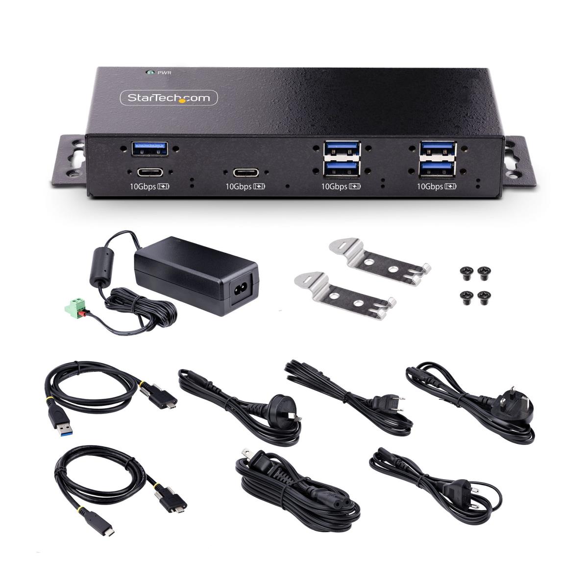 Industrial USB 10gbps Hub 7-port With Power Adapter, Metal, Mountable, 5x USB-a And 2x USB-c
