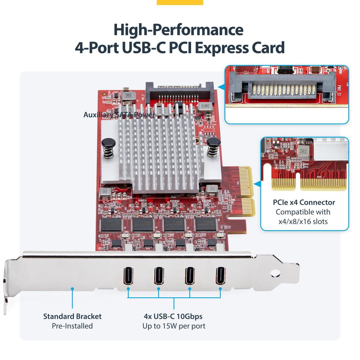 USB Controllers Pci-e Expansion Card - 4-port USB Type-c Pcie Card, USB 3.2 10gbps, USB-c - 4x Independent