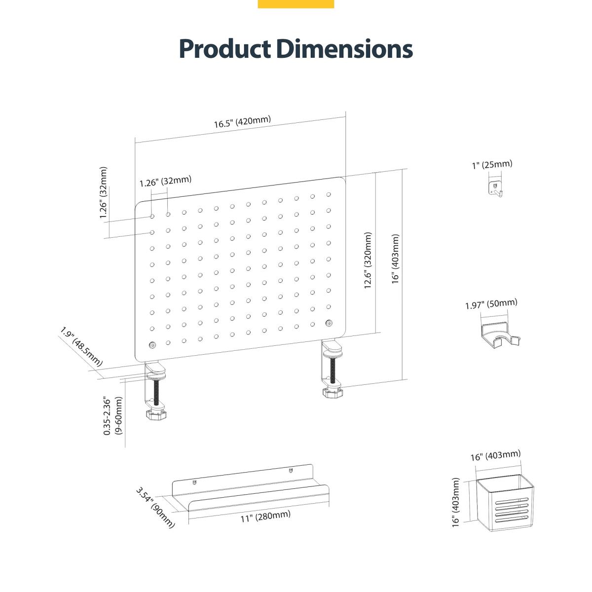 Clamp-on Pegboard Organizer - With Accessories Steel Black