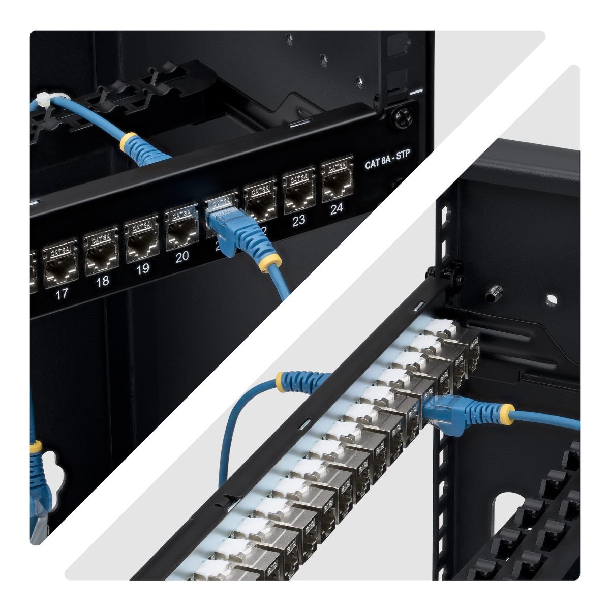 Patch Panel 24 Port 1u Feed Through With Cable Management Bar, Rackmount Shielded CAT6a