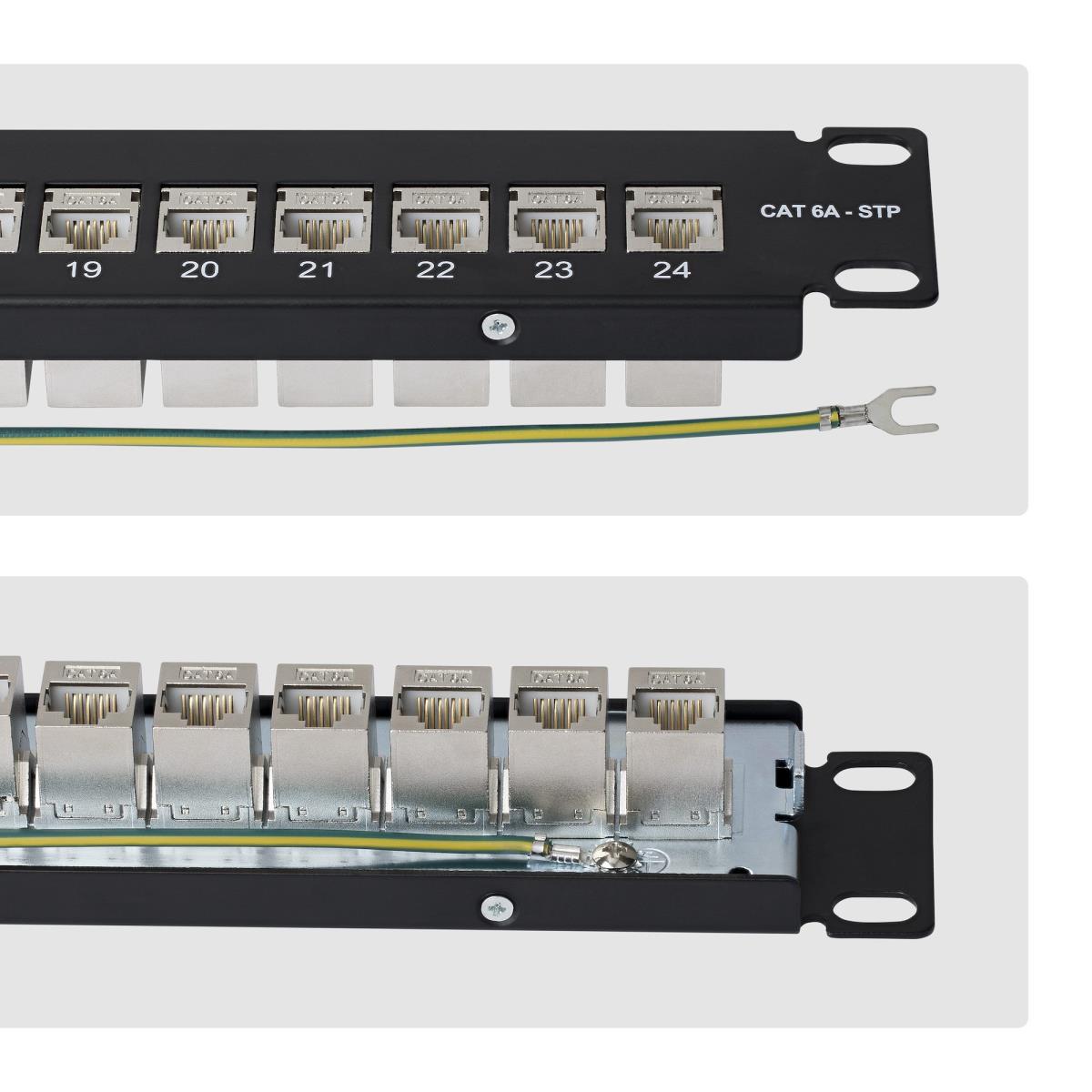 Patch Panel 24 Port 1u Feed Through With Cable Management Bar, Rackmount Shielded CAT6a