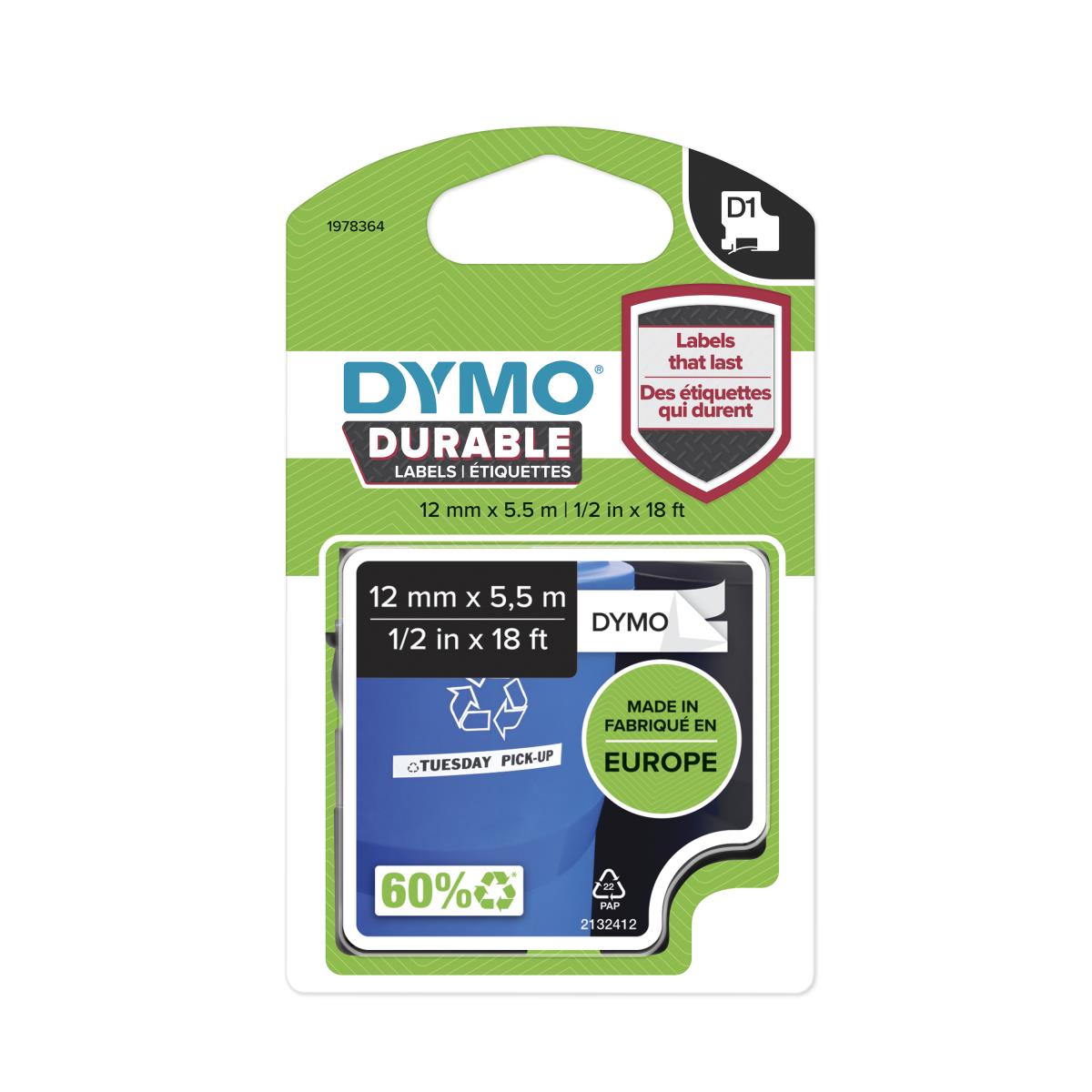 D1 Durable 12mm X 5.5m Black On White
