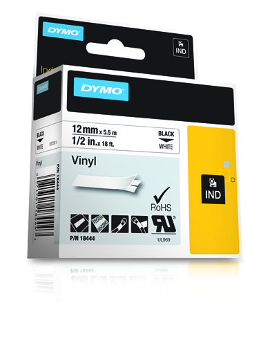 Rhino 18444 Label Adhesive Tape - Vinyl - Black On White - 12mm X5,5m