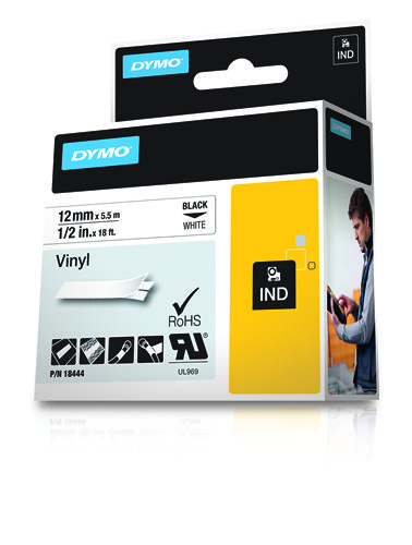 Rhino 18444 Label Adhesive Tape - Vinyl - Black On White - 12mm X5,5m