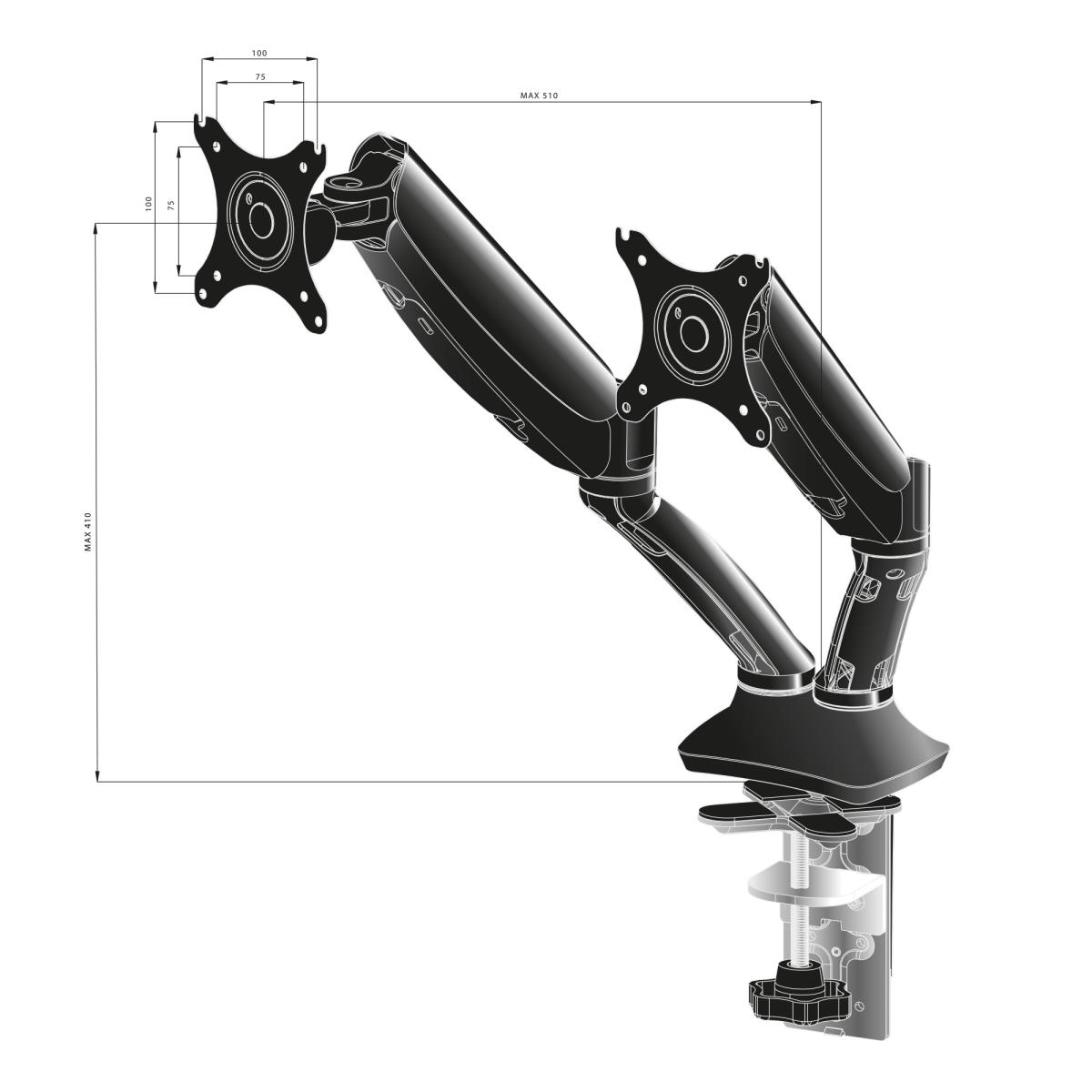 Dual Gas Spring Desk Mounting Arm DS3002C-B1/ Black