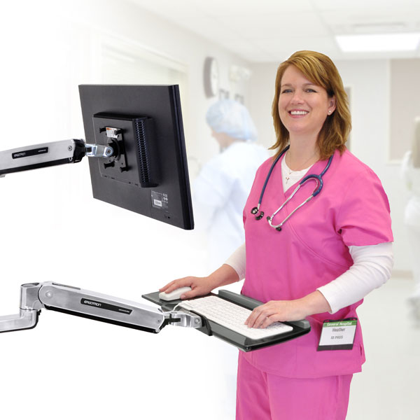 Lx Sit-stand Wall Mount System With Small Cpu Holder (polished Aluminum Black Cpu Holder)