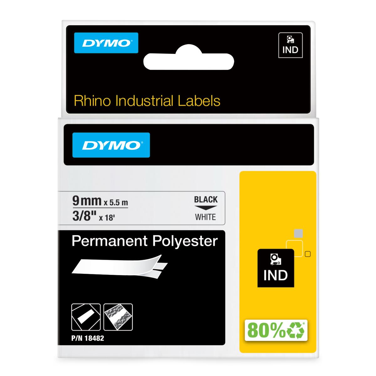 Tape - Black On White - 9mm X 5.5m - Permanent Polyester