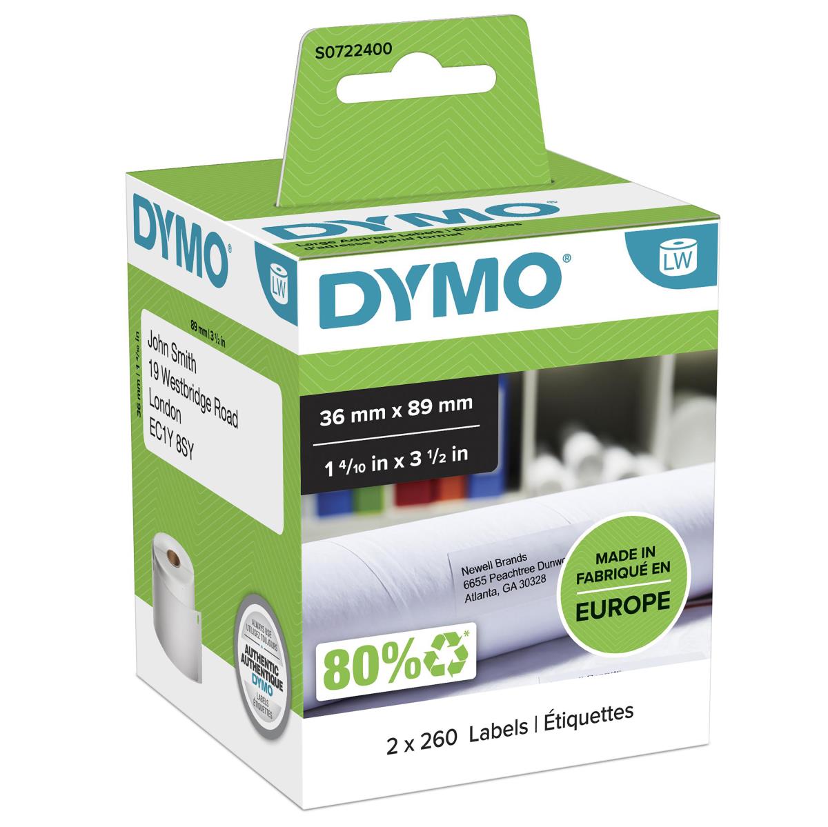 LabelWriter Large Address Labels 36x89mm - White - 2x rolls / 520 labels