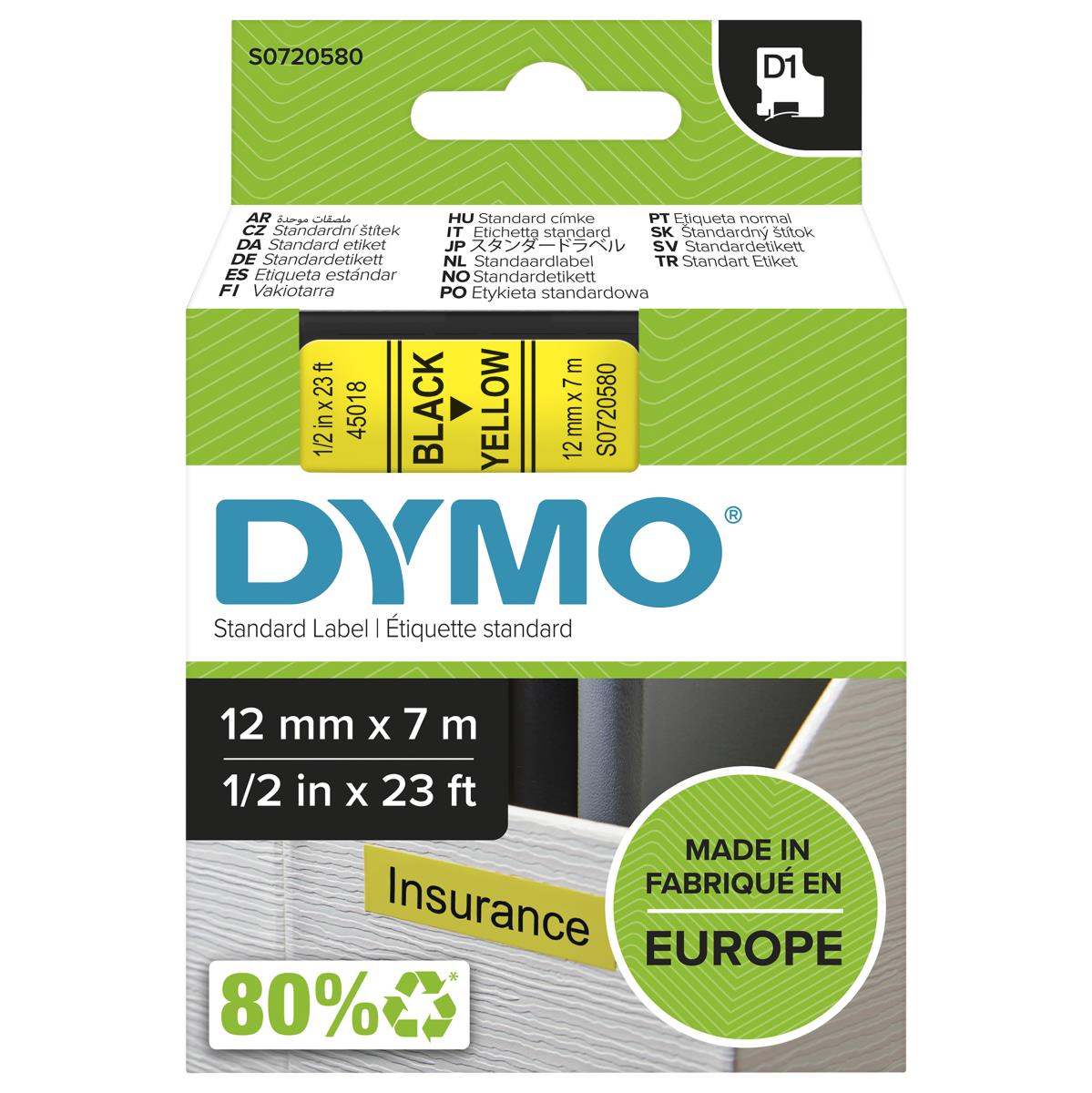 D1 Standard Tape Black On Yellow 12mmx7m