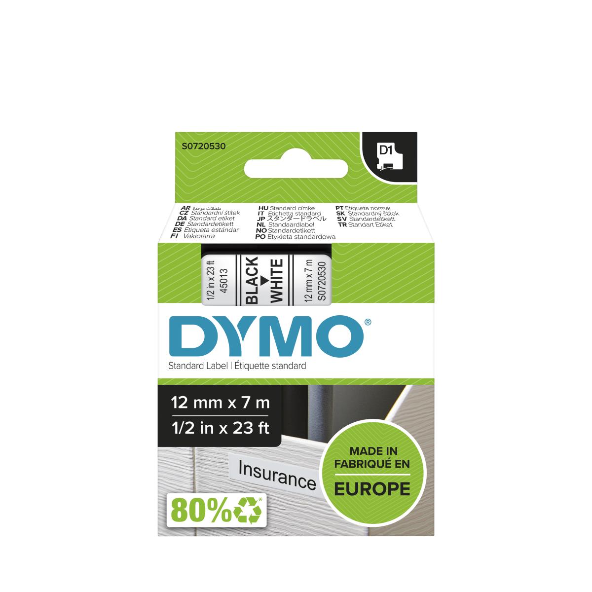 D1 Standard Tape Black On White 12mmx7m