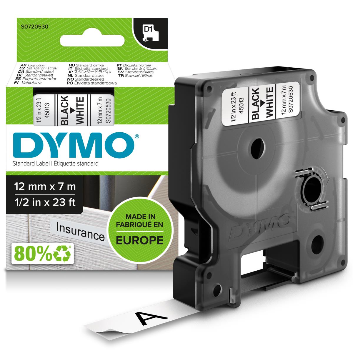 D1 Standard Tape Black On White 12mmx7m