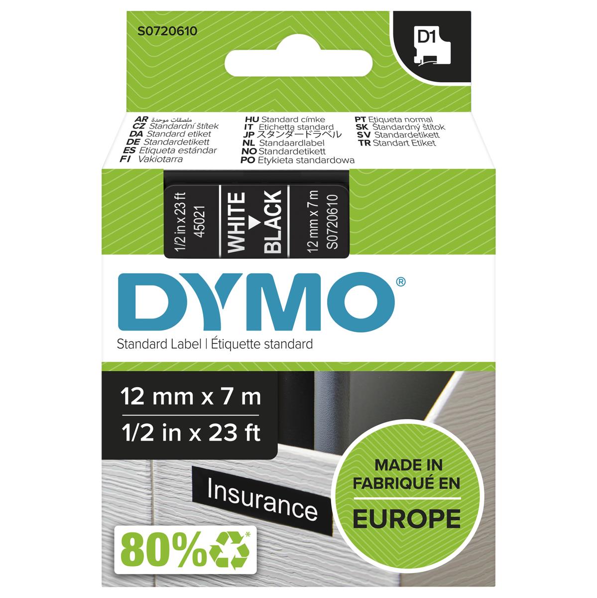 D1 Standard Tape White On Black 12mmx7m