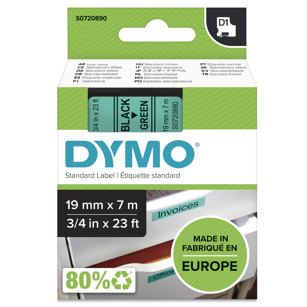 D1 Standard Tape Black On Green 19mmx7m