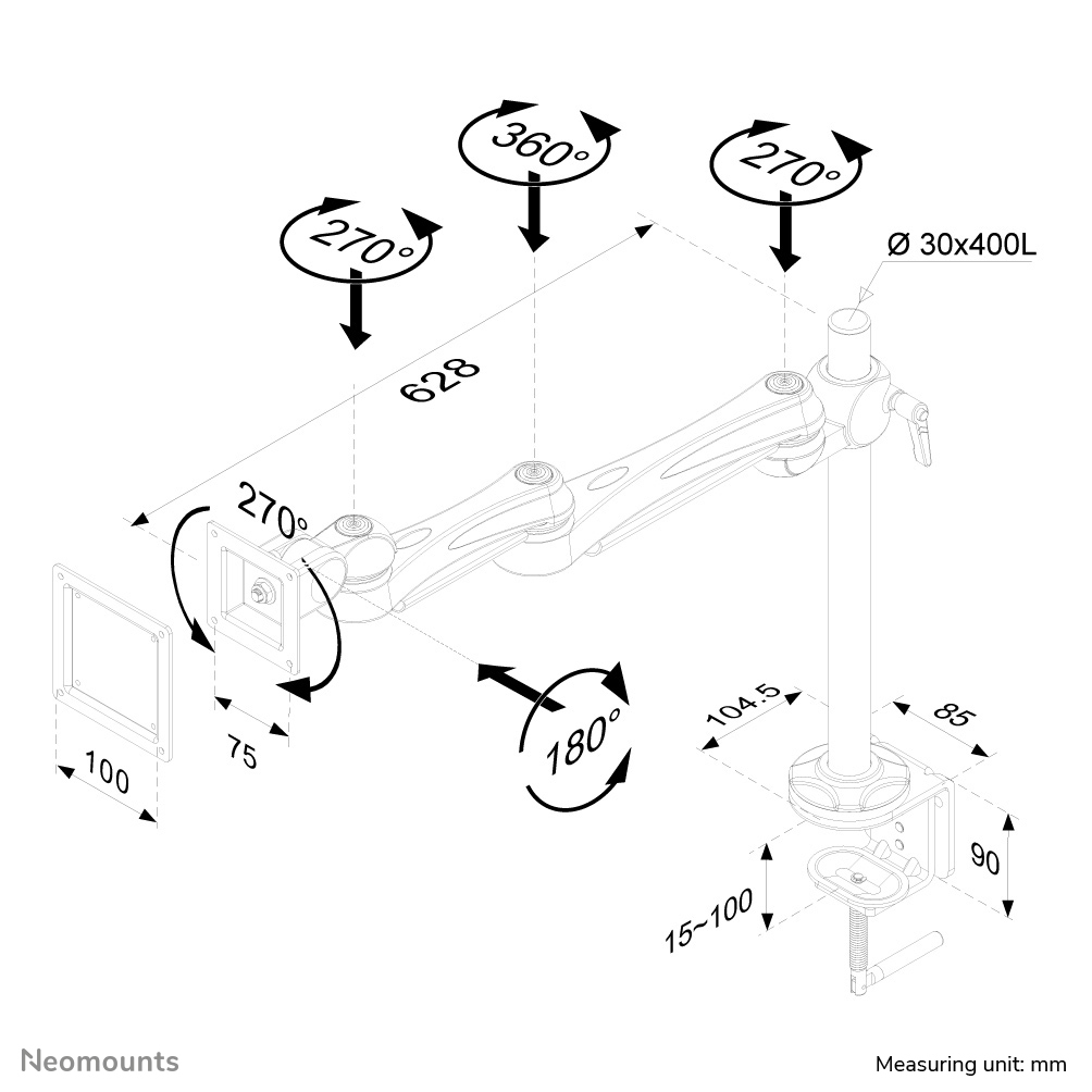 LCD Monitor Arm (fpma-d930) Desk Clamp And Wall Mount 621.5mm Length 0-400mm Hight Silver