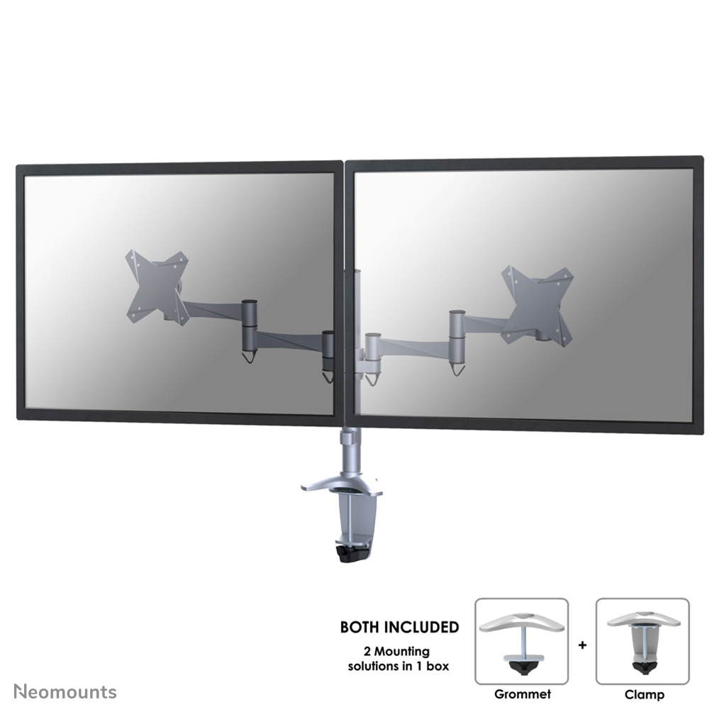 Dual Monitor (10-27in) Desk Mount (clamp & Grommet) - Full Motion - Height Adjustable - Silver