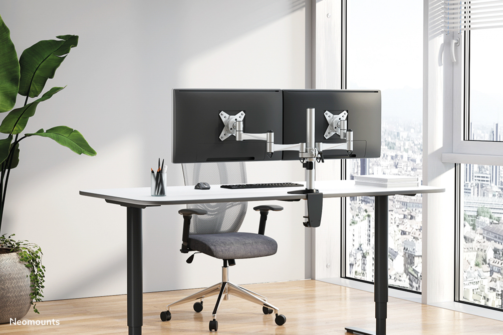 Dual Monitor (10-27in) Desk Mount (clamp & Grommet) - Full Motion - Height Adjustable - Silver