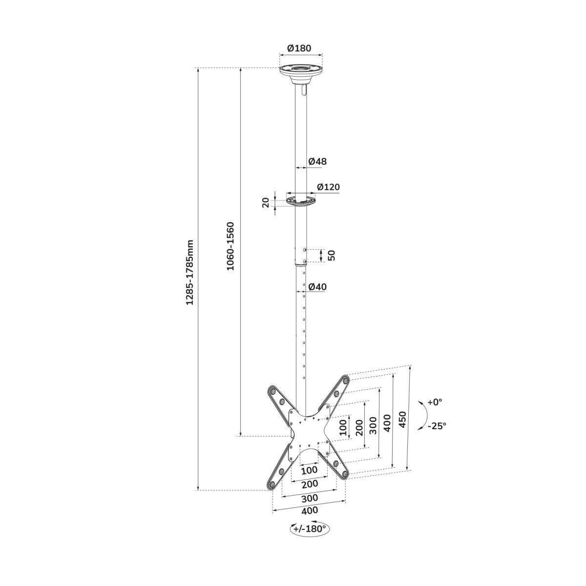 Tv/monitor Ceiling Mount For 32in-75in Screen Height Adjustable - Black