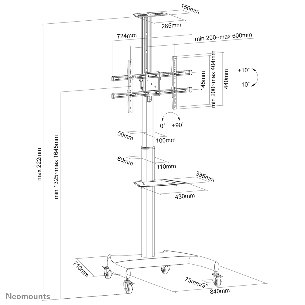 Mobile Flat Screen Floor Stand Height 130-162 Cm