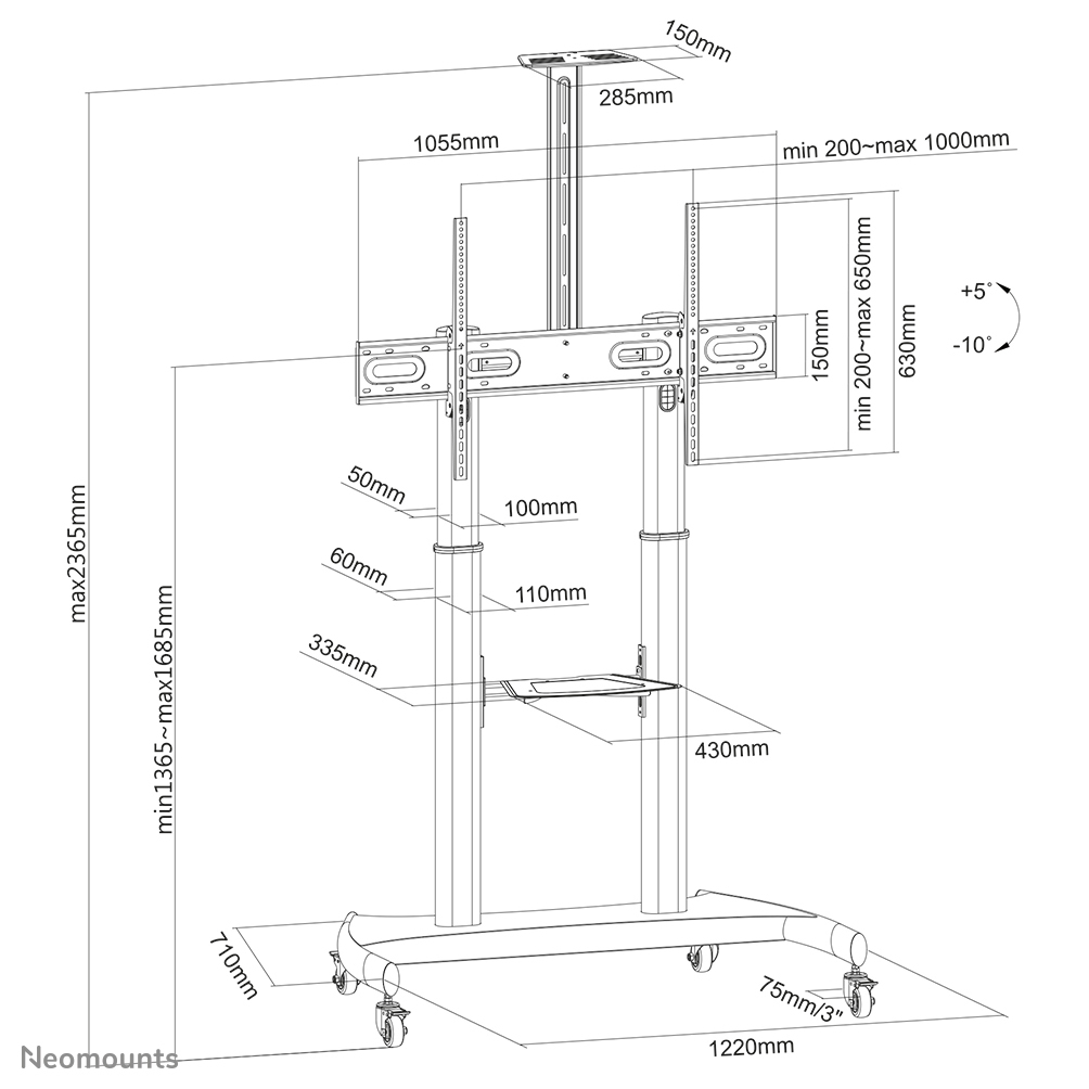 Mobile Flat Screen Floor Stand Height 128-160 Cm