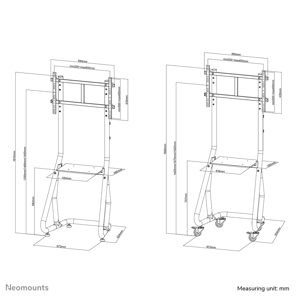 Mobile Flat Screen Floor Stand Trolley Height 152-169 Cm