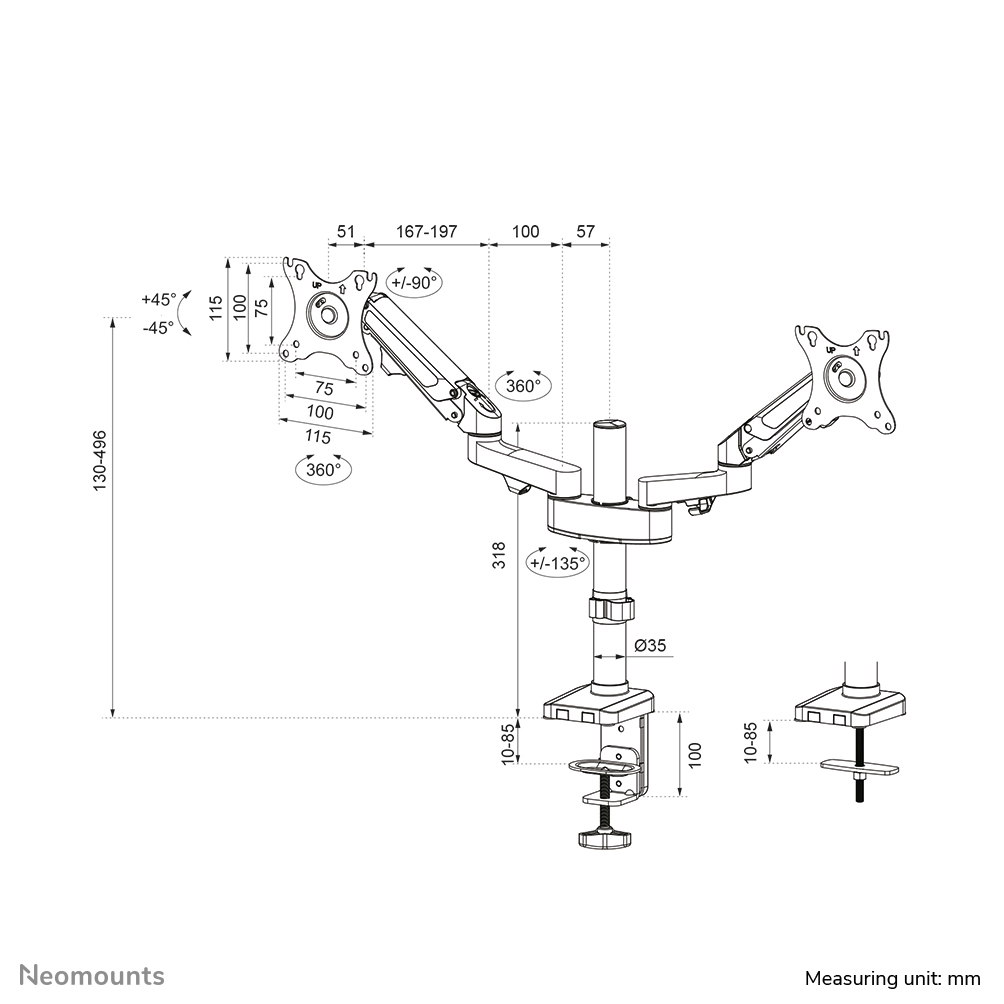 Full Motion Monitor Desk Mount For 17-27in 2 Screens - Black