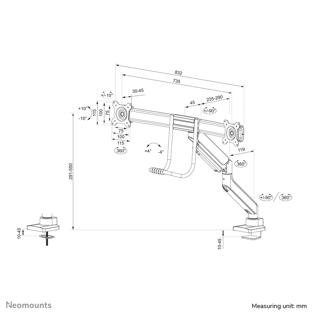 Neomounts Ds75-450bl2 Full Motion Monitor Desk Mount For 17-32in Screens - Black