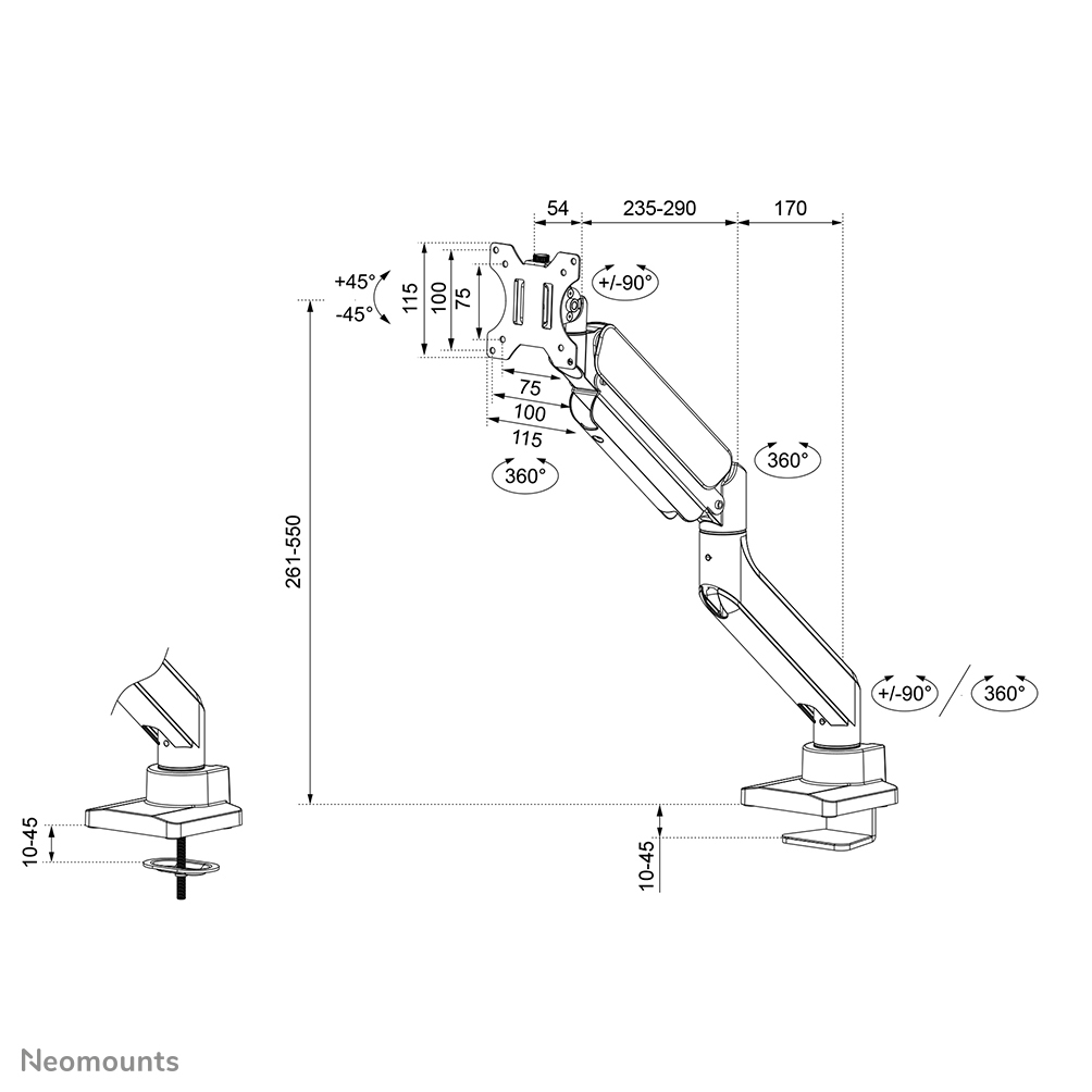 Neomounts Full Motion Monitor Arm Desk Mount For 17-49in Curved Ultra-wide Screens - Black
