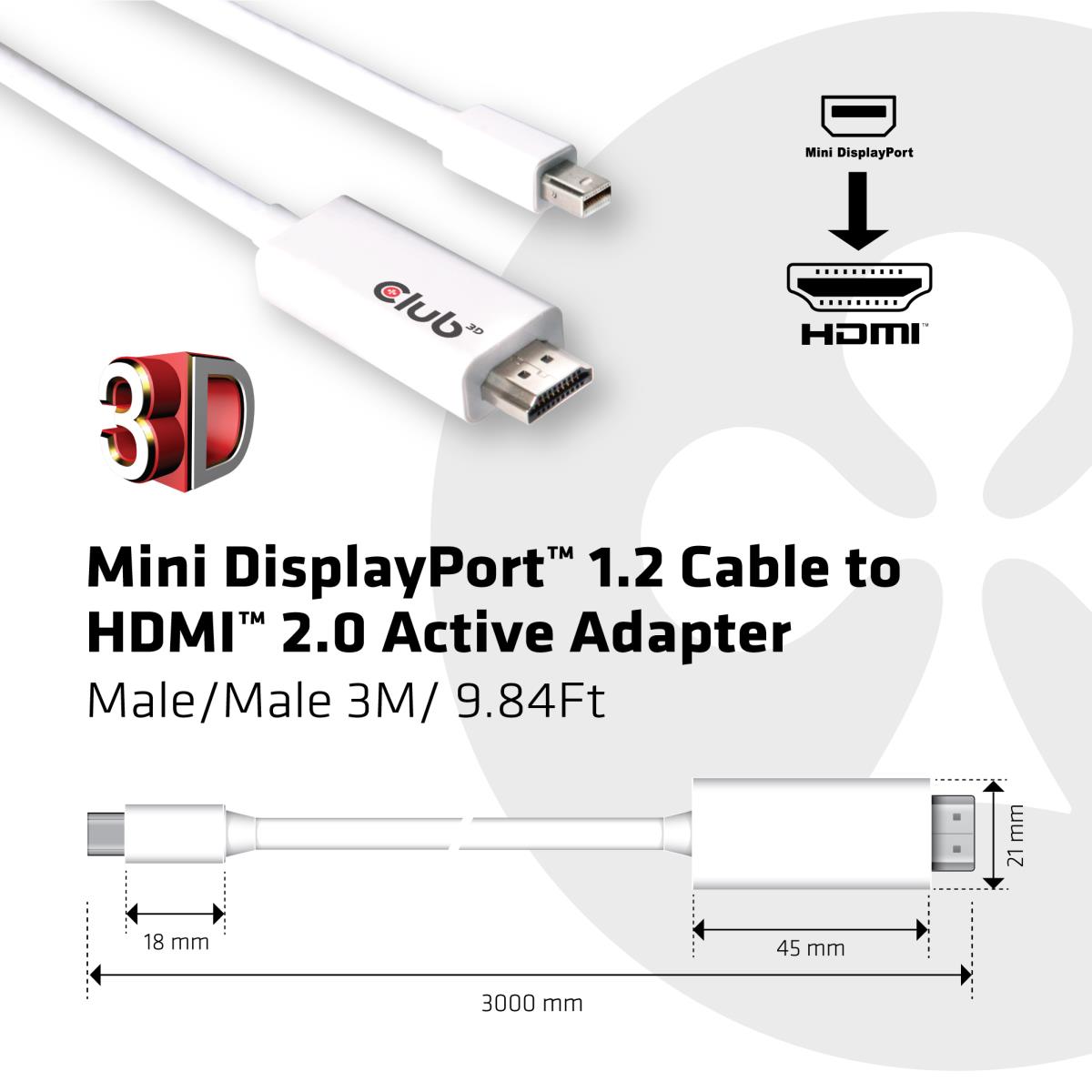 Mini Displaypor 1.2 Cable To Hdm 2.0 Active Adapter 3meter M/m