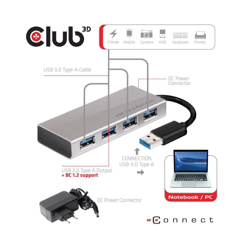 USB 3.0 4-port Hub With Power Adapter