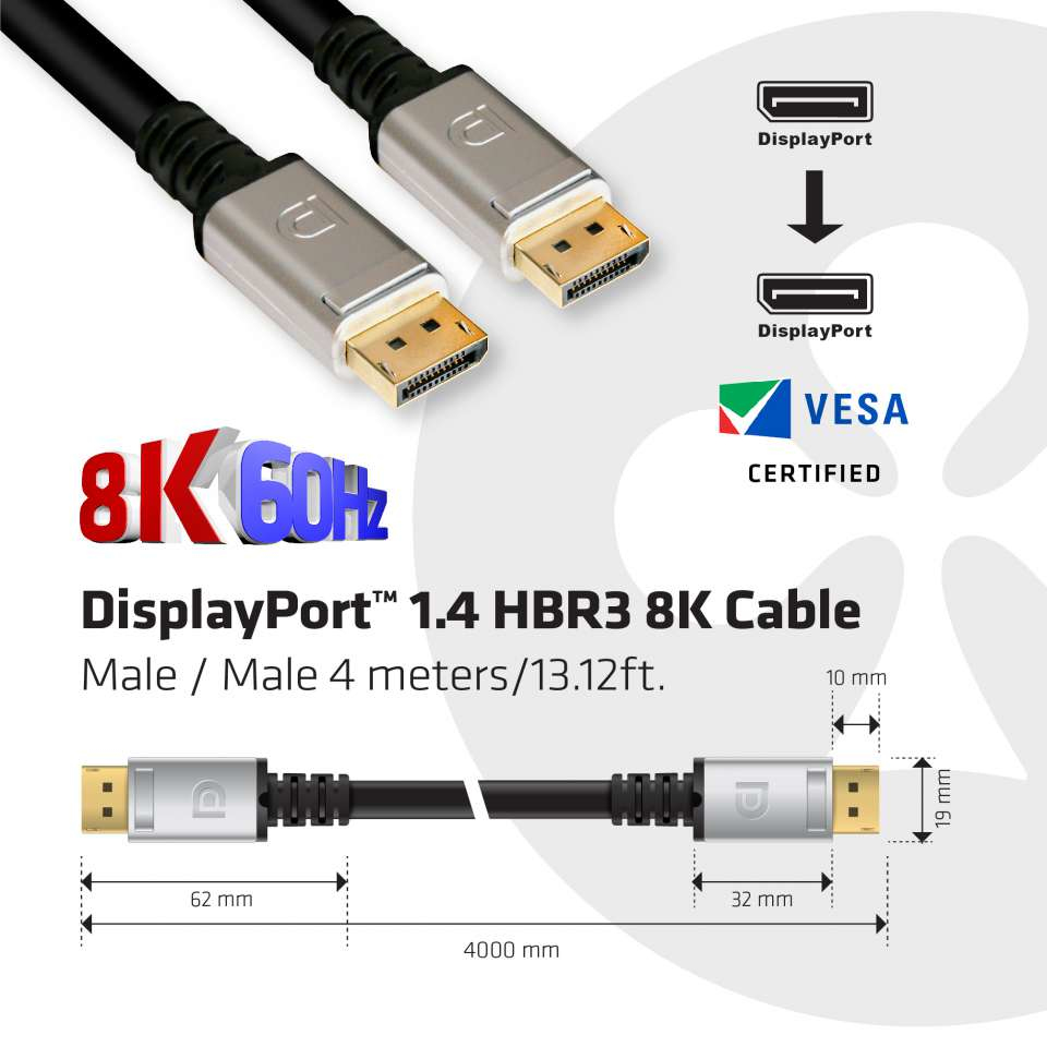 DisplayPort 1.4 Hbr3 8k Cable M/m 4m Vesa Certified
