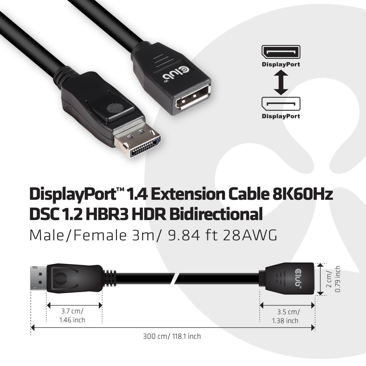 DisplayPort 1.4 Extension Cable 8k60hz Dsc 1.2 Hbr3 Hdr Bidirectional M/f 3m/9.84ft