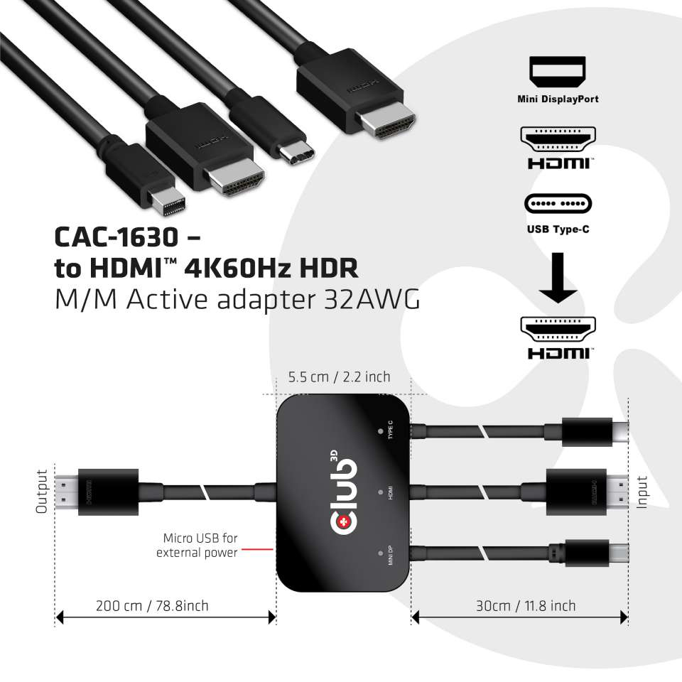 USB Type C + Hdmi + MiniDisplayPort 1.2to Hdmi 4k60hz Hdr M/m Active Adapter 32awg
