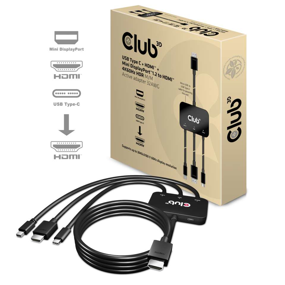 USB Type C + Hdmi + MiniDisplayPort 1.2to Hdmi 4k60hz Hdr M/m Active Adapter 32awg