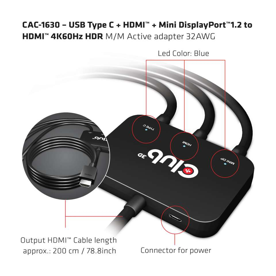 USB Type C + Hdmi + MiniDisplayPort 1.2to Hdmi 4k60hz Hdr M/m Active Adapter 32awg
