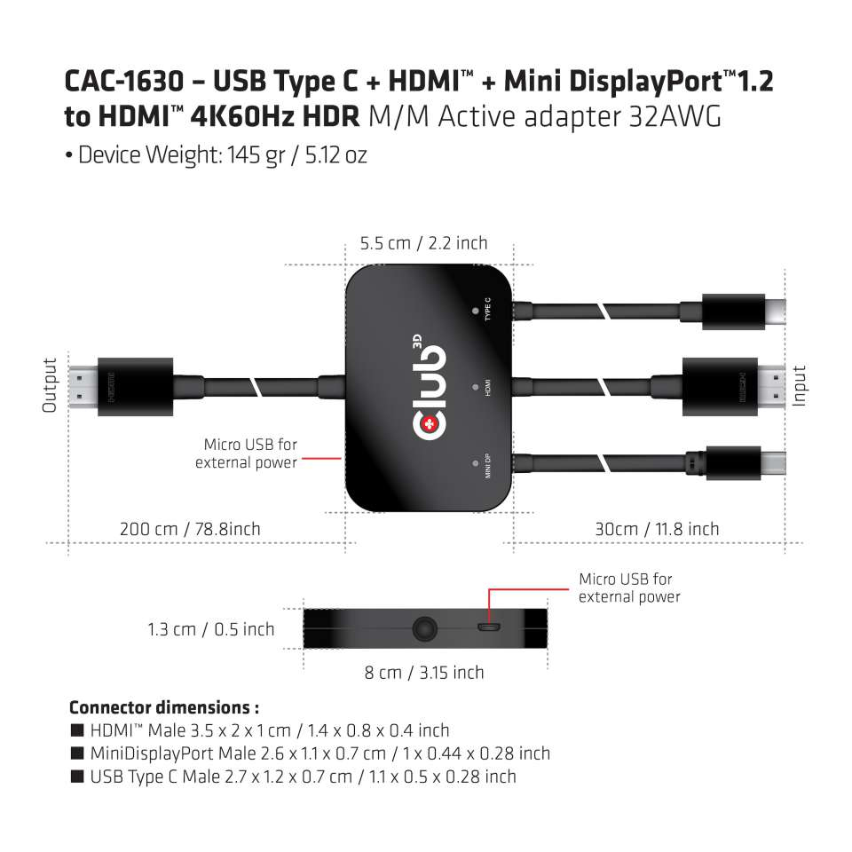 USB Type C + Hdmi + MiniDisplayPort 1.2to Hdmi 4k60hz Hdr M/m Active Adapter 32awg