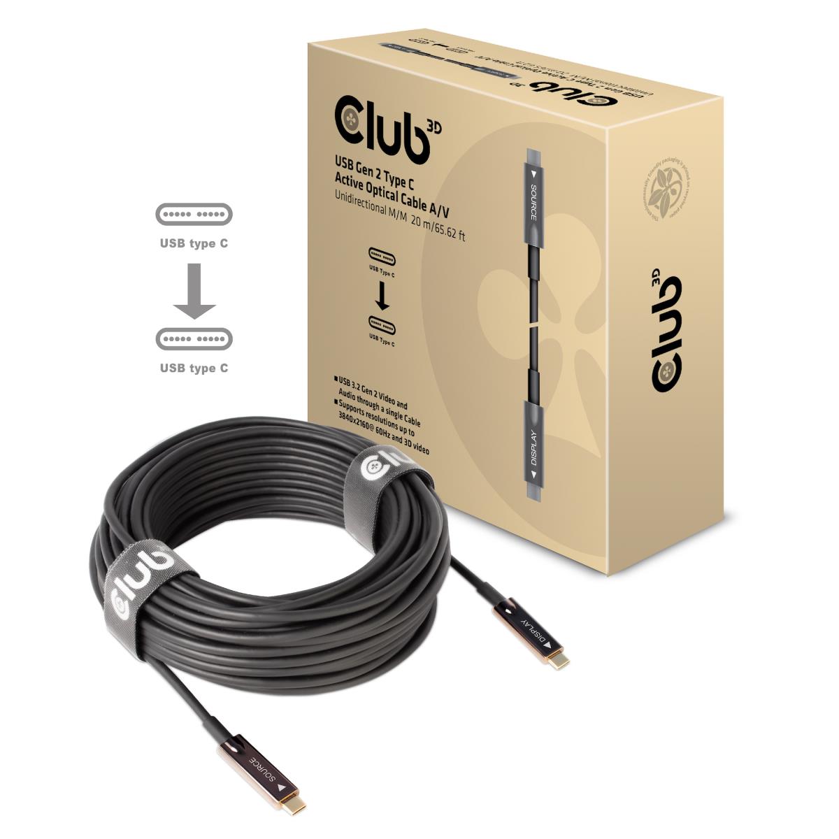USB 3.2 Gen 2 Type-c Active Optical A/vunidirectional Cable Male/male 20 M/ 65.62 Ft
