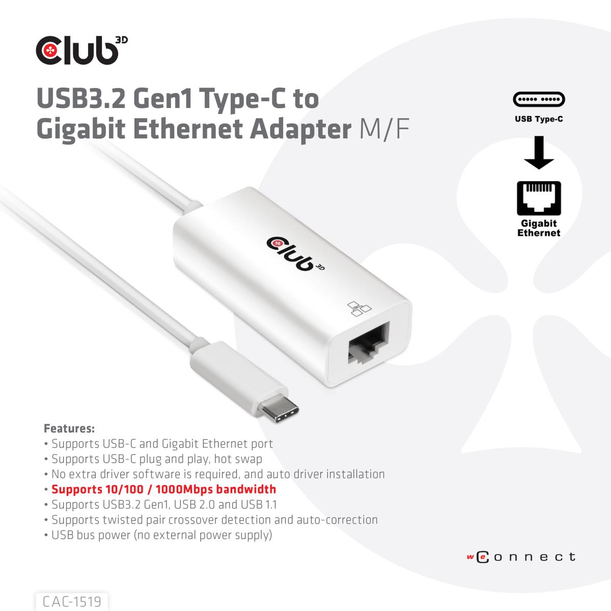 USB Type C 3.1 Gen 1 Gen 1 Male To 1GB Ethernet Female Active Adapter