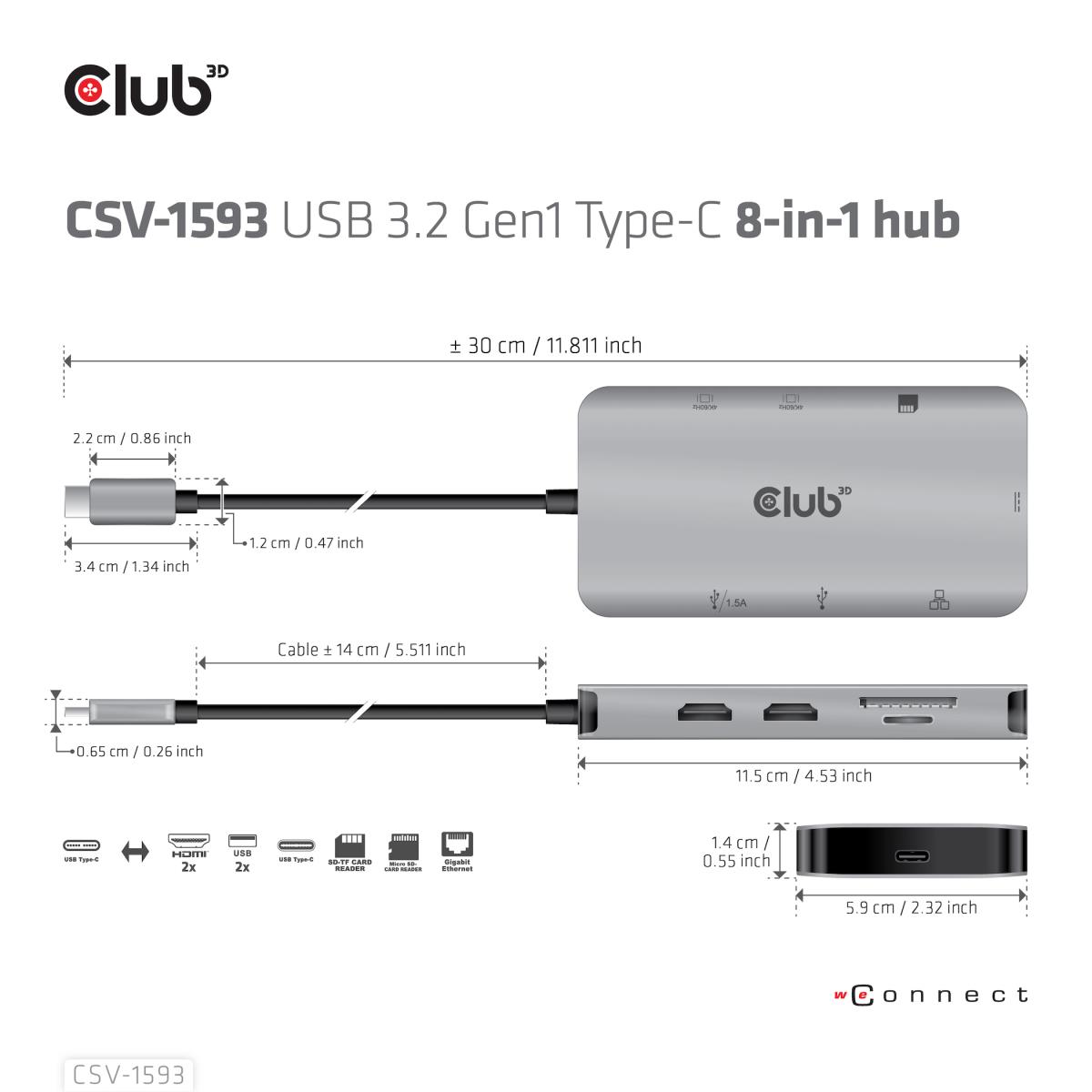 USB 3.2 Gen1 Type-c 8-in-1 Hub With 2x Hdmi 2x USB-a  Rj45 Sd/micro Sd Card Slots And USB Type-c Fem