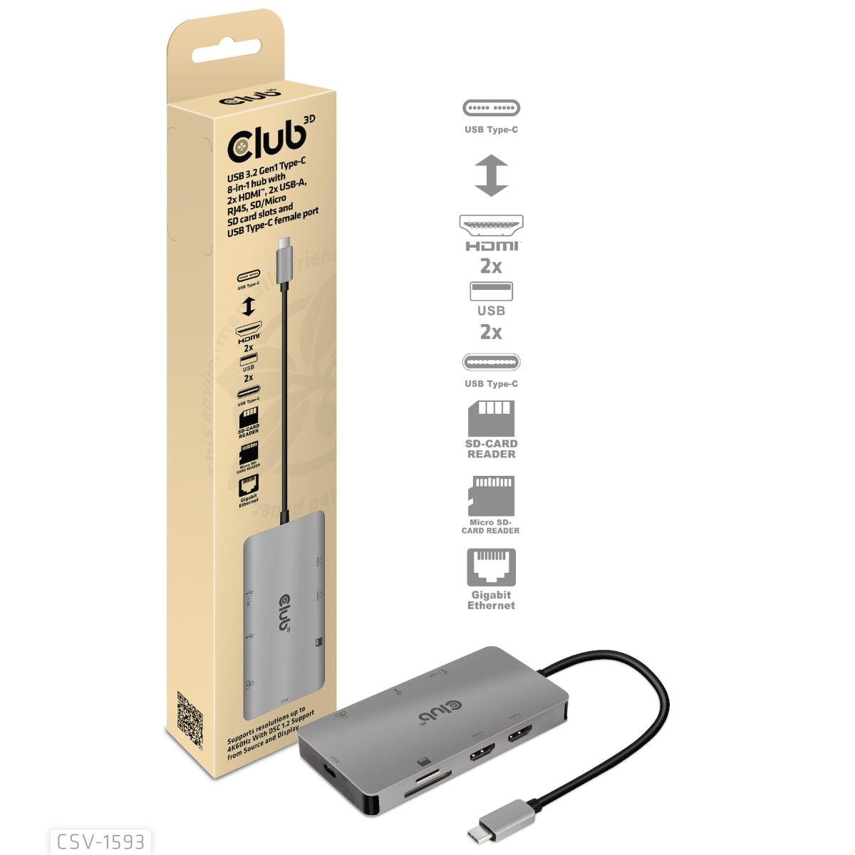 USB 3.2 Gen1 Type-c 8-in-1 Hub With 2x Hdmi 2x USB-a  Rj45 Sd/micro Sd Card Slots And USB Type-c Fem