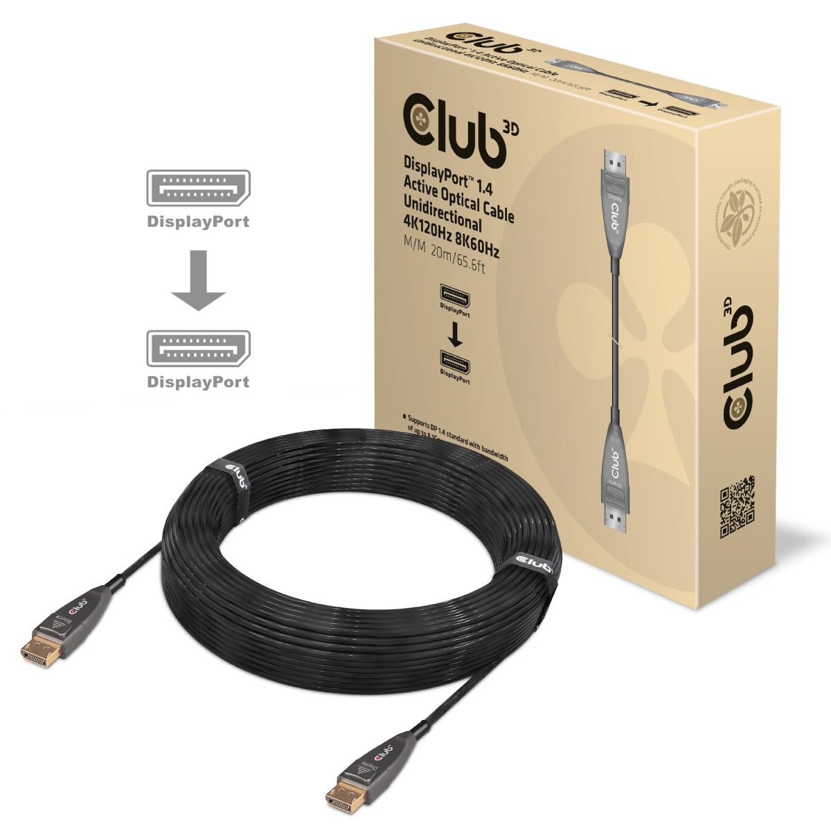 DisplayPort 1.4 Active Optical Cable Unidirectional Male / Male 20 Meters/65.62ft .8k @60hz