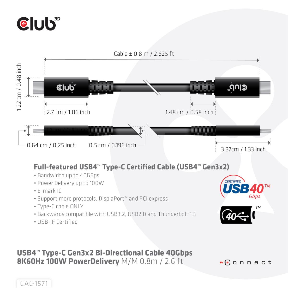 USB4 Type C Gen 3x2 Bi Directional Cable 40gbps 8k60hz 100w Powerdelivery M/m