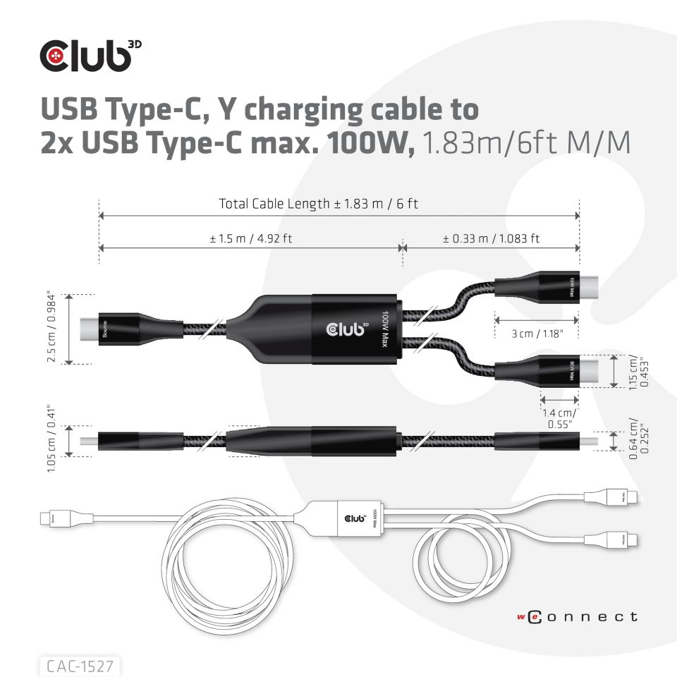 USB Type C Y Cable Charging Cable To 2xUSB Type C Max 100 Watt 1.83m