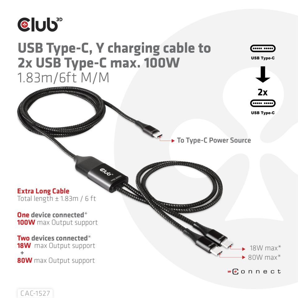 USB Type C Y Cable Charging Cable To 2xUSB Type C Max 100 Watt 1.83m