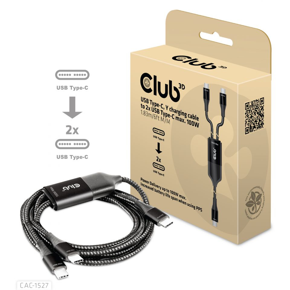 USB Type C Y Cable Charging Cable To 2xUSB Type C Max 100 Watt 1.83m