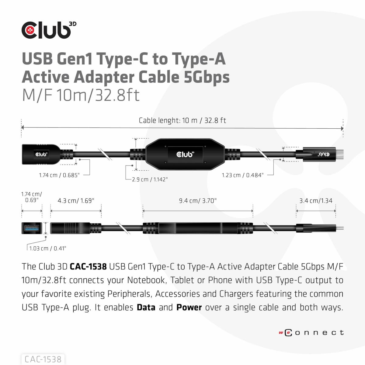 USB Gen1 Type-c To Type-a Cable 5 Gbps M/f 10m