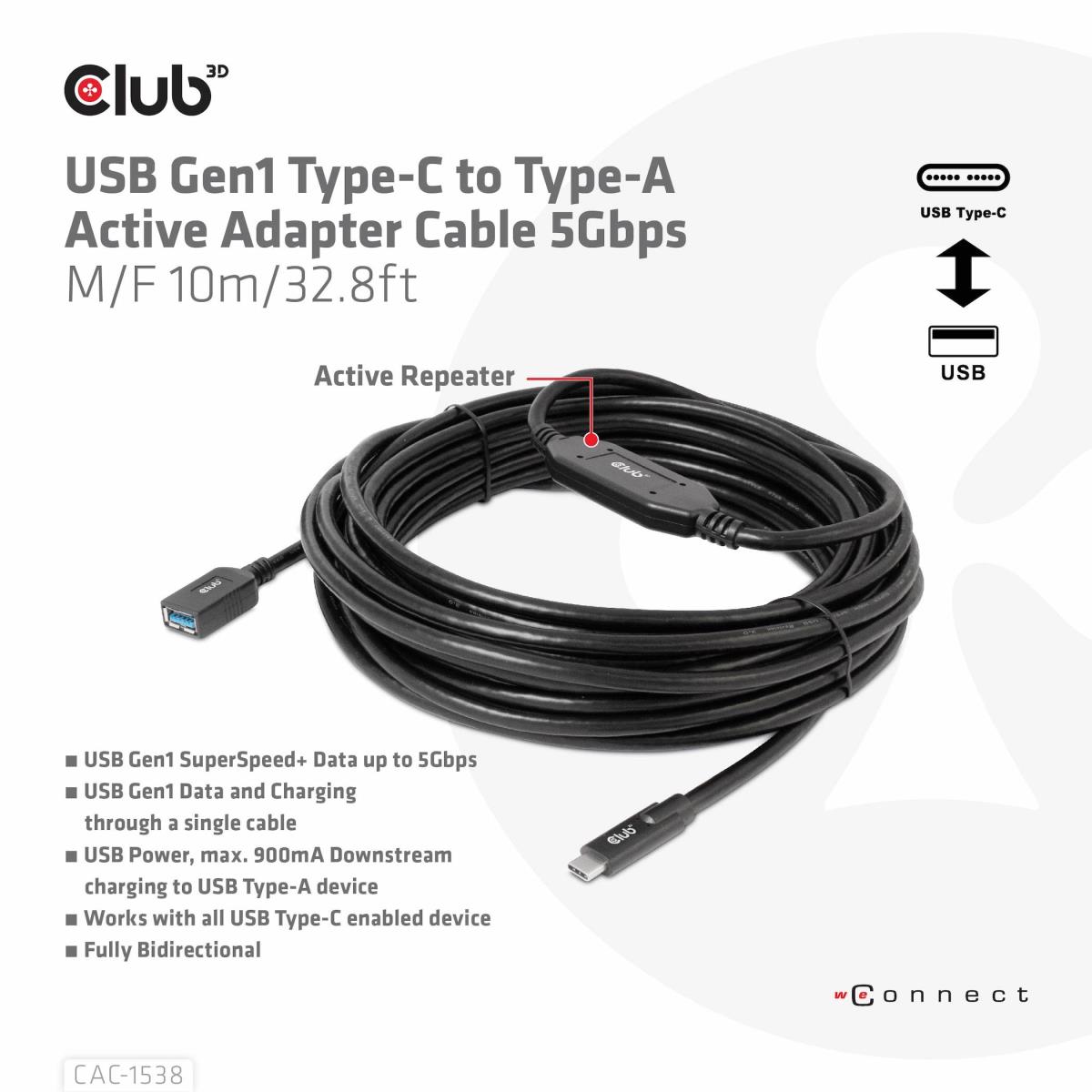 USB Gen1 Type-c To Type-a Cable 5 Gbps M/f 10m