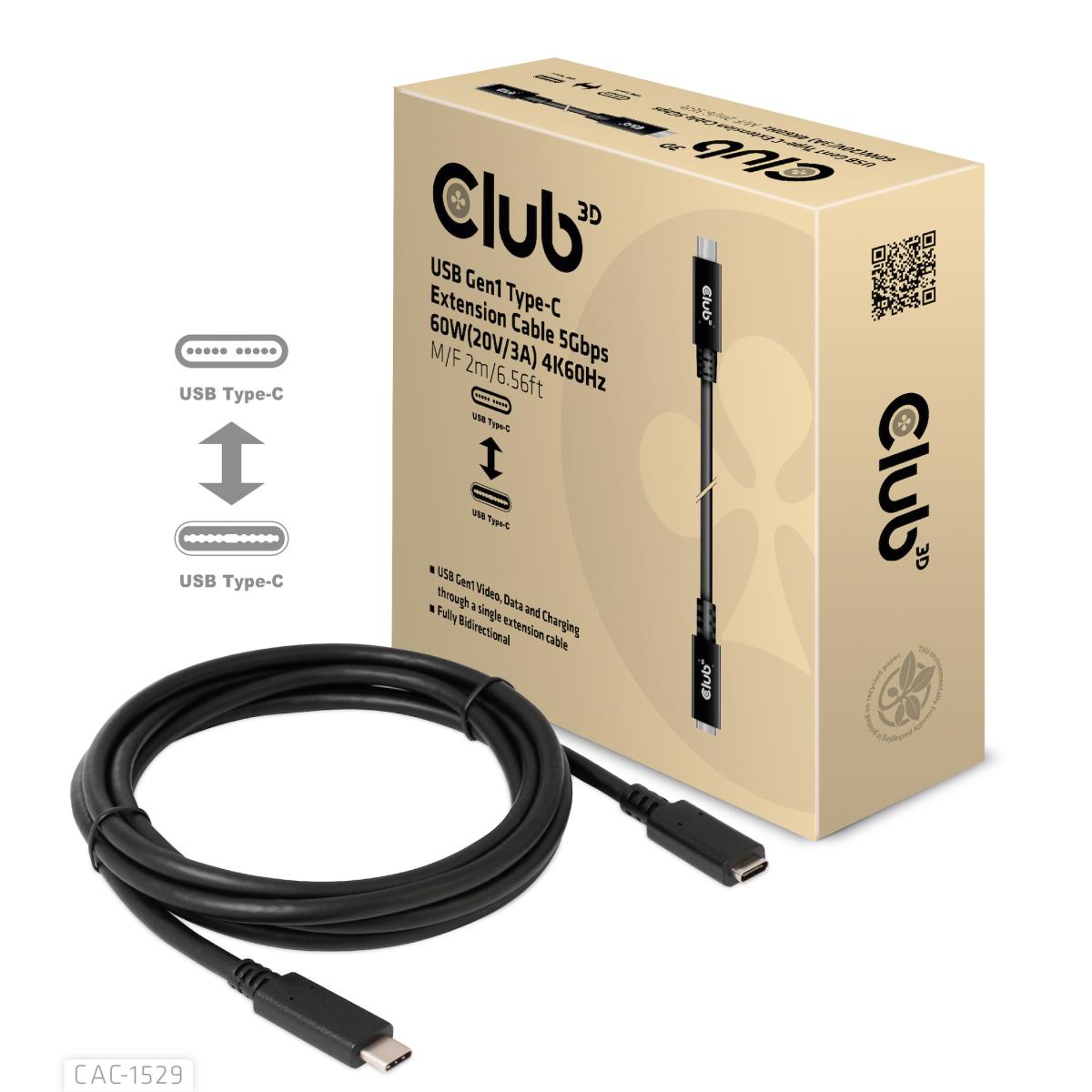 USB Gen 1 Type-c Extension Cable 5gbps 60w(20v/3a) 4k60hz M/f 2m