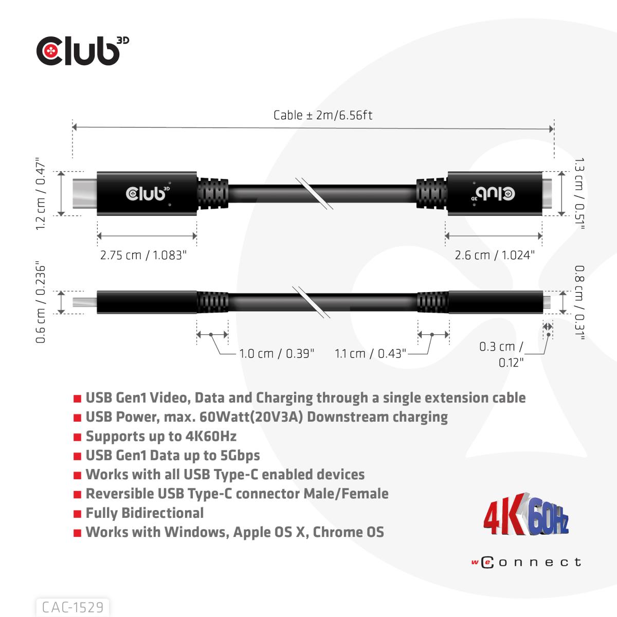 USB Gen 1 Type-c Extension Cable 5gbps 60w(20v/3a) 4k60hz M/f 2m