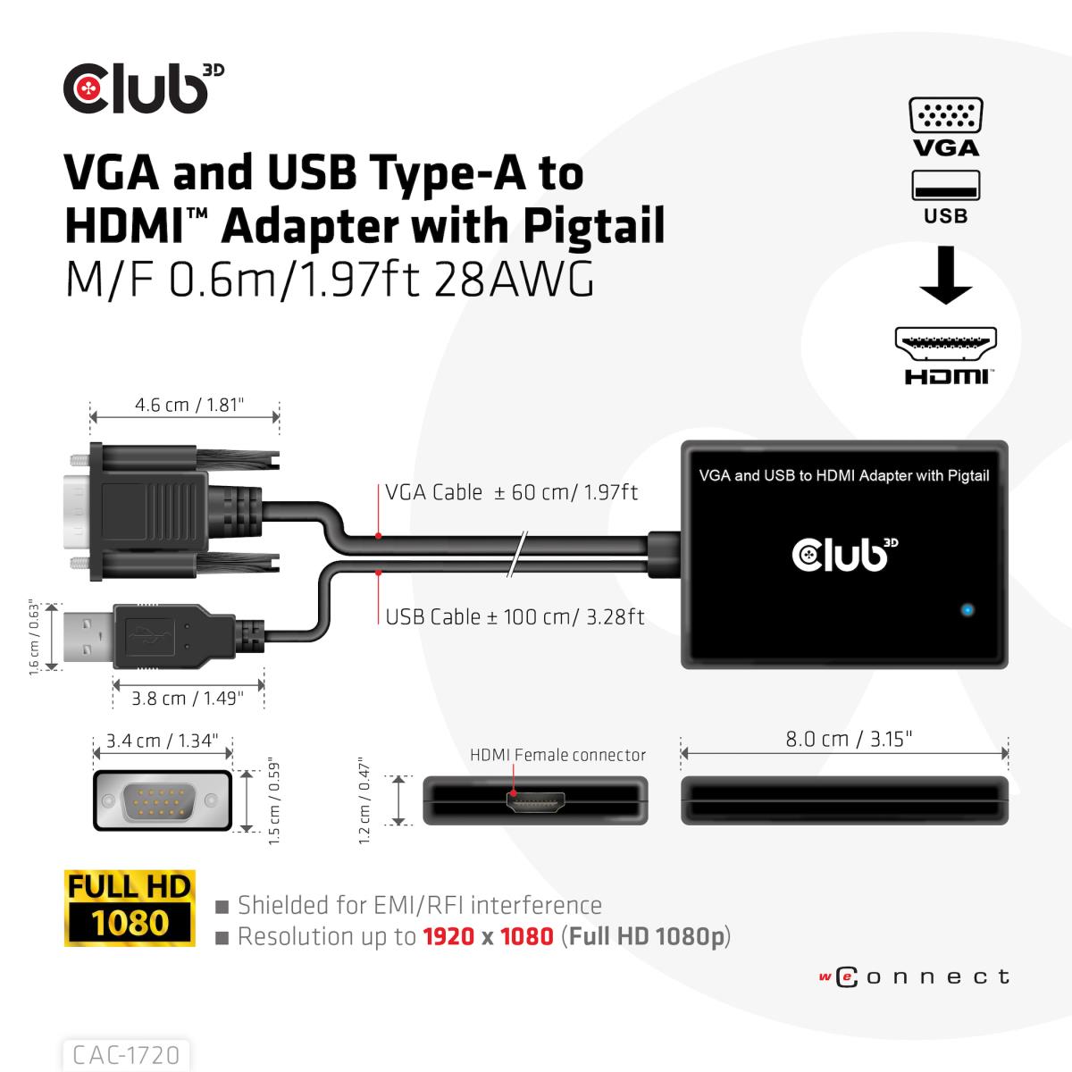 Vga And USB Type-a To Hdmi Adapter Withpigtail M/f 0.5m